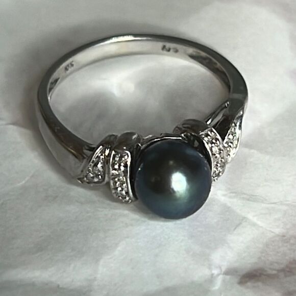 10k White Gold 9mm Grey Tahitian Pearl and Diamond Ring - Picture 6 of 15
